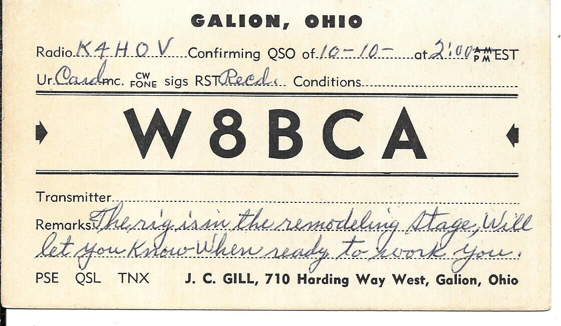 QSL  1961 Galion Ohio   radio card