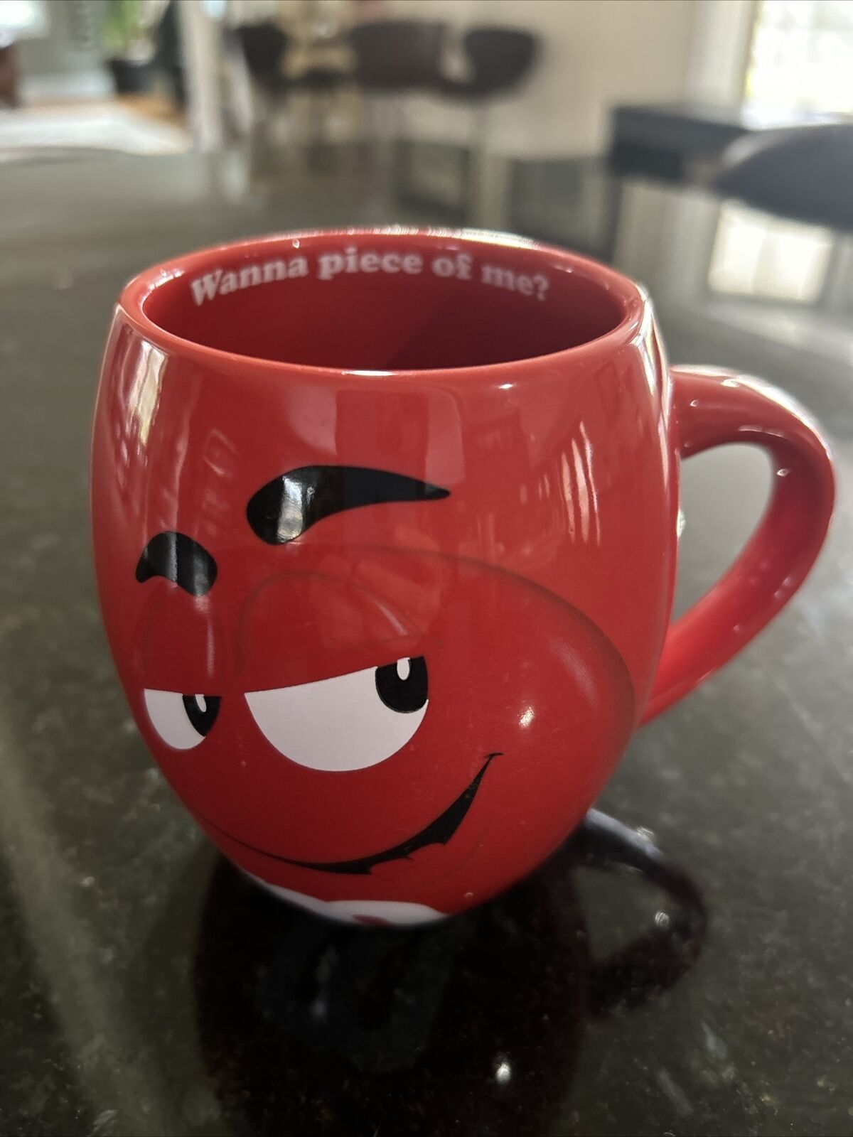 M&M 20oz Coffee Mug Red “Wanna piece of me?” 2015 from M&M’s World 4.75” tall