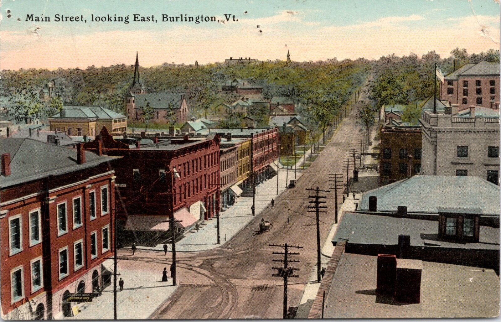 C.1910s Burlington VT Main Street Birds Eye View Dirt Road Vermont Postcard A428