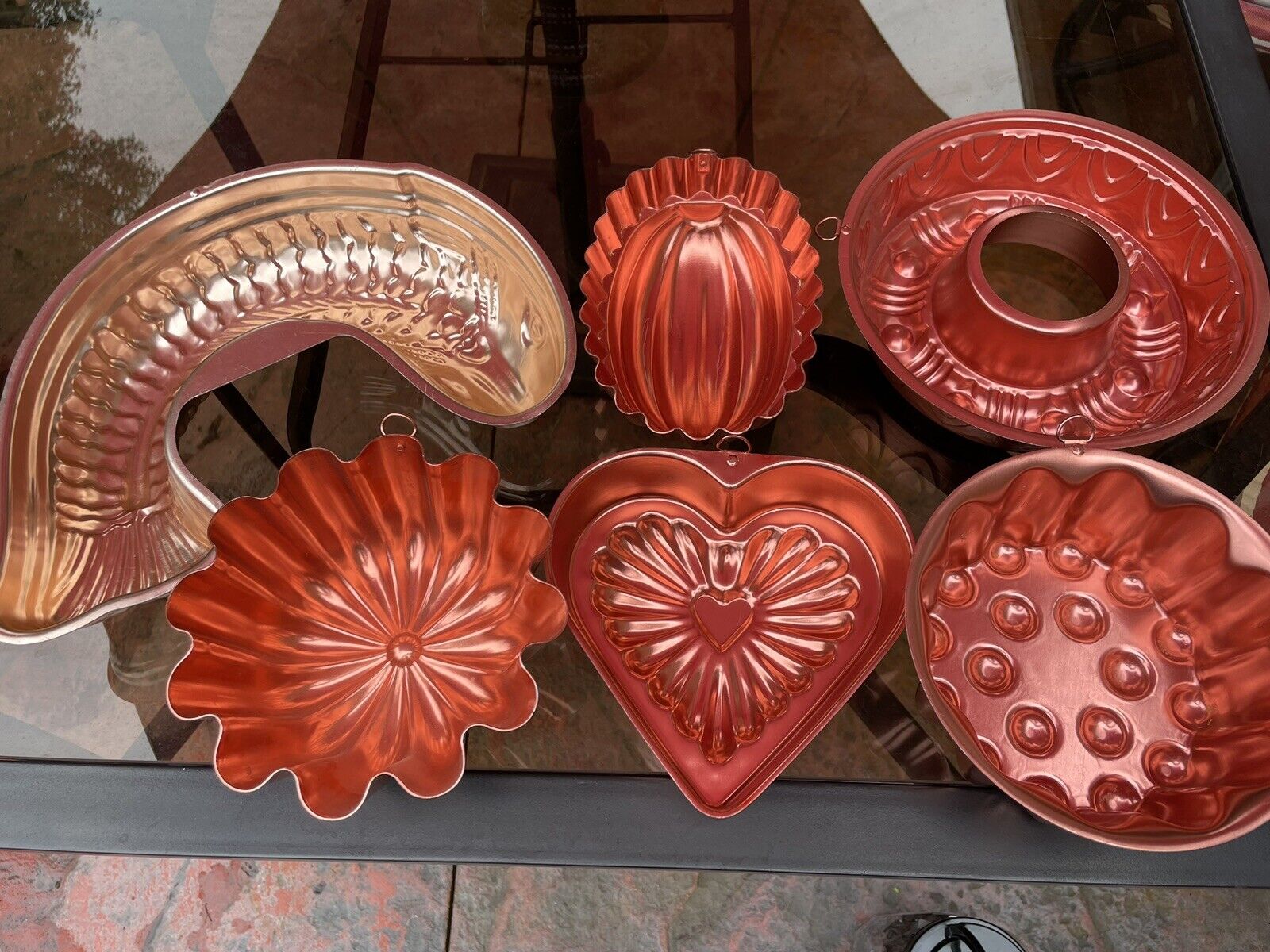 Mixed Lot 6 Vintage Decorative Copper Tone Jello Molds Fish Heart & Others