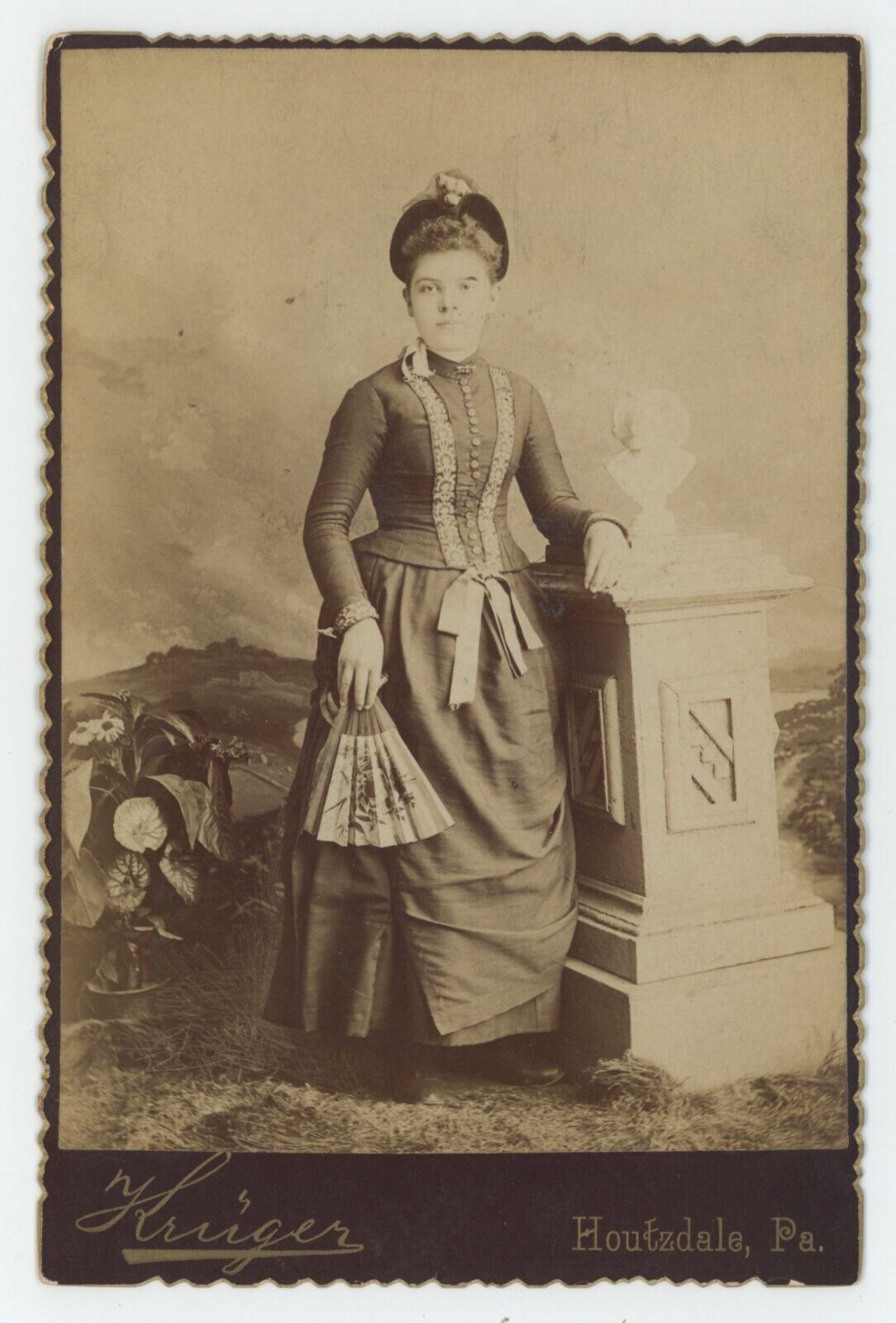 Antique c1880s Cabinet Card Beautiful Woman In Hat Holding Fan Houtzdale, PA