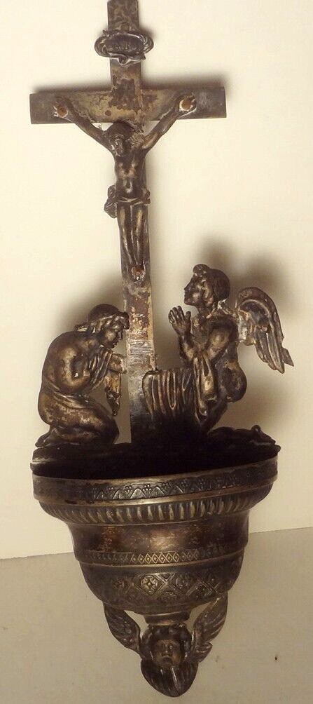 ✅MUSEUM ALERT c1744-1750 FRENCH solid silver HOLY WATER FONT w/CRUCIFIX & ANGEL