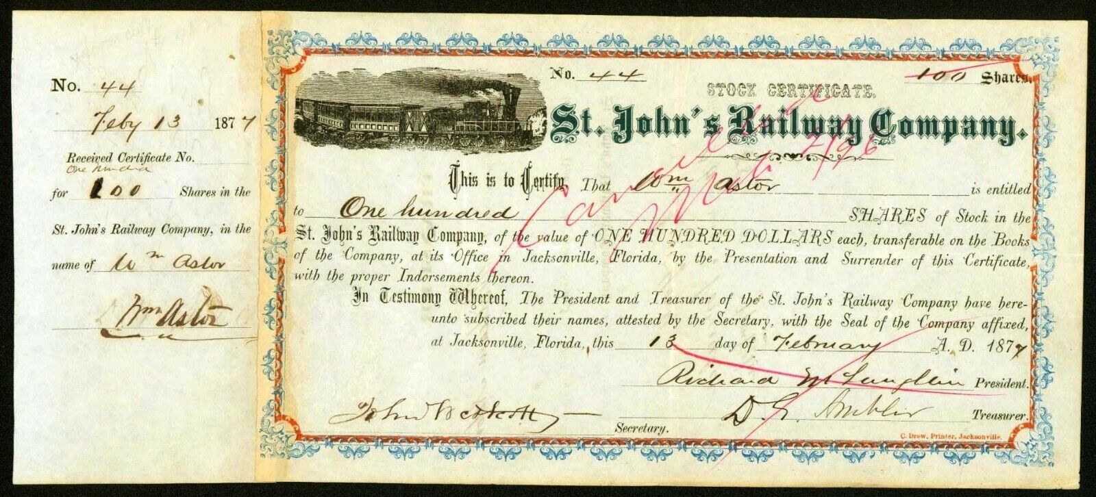 1877 William B Astor Jr signs RARE Florida Railroad Stock then to Henry Flagler 
