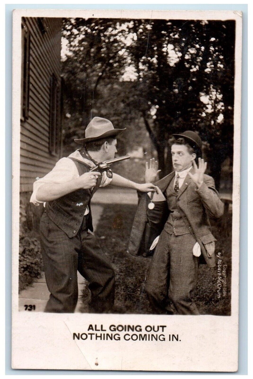 Bamforth Postcard RPPC Photo Criminal Holdup Outlaw Boy With Gun c1910\'s