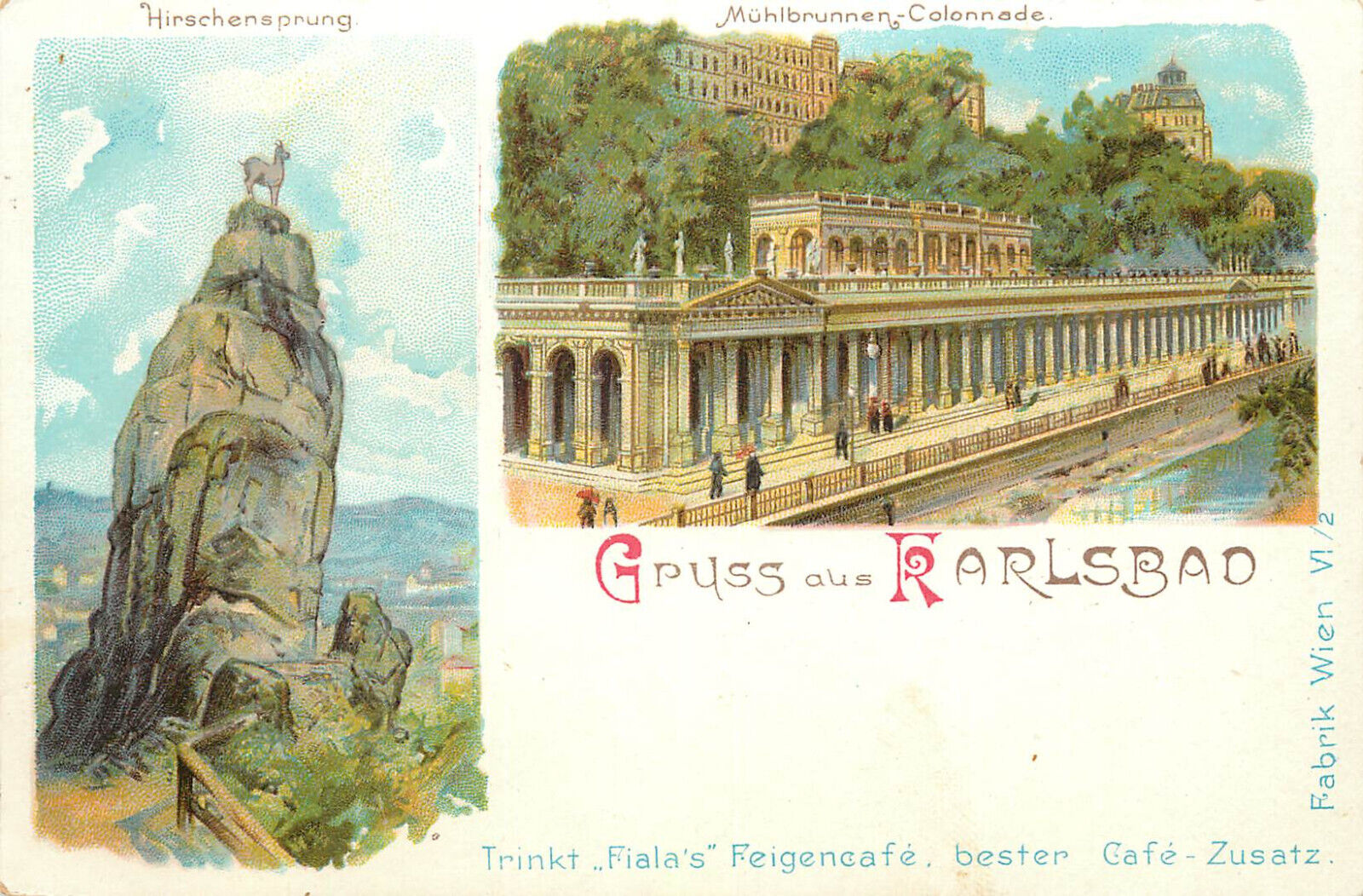 Postcard Trink Fialas Feigencafe Cafe zusatz Gruss Aus Karlsbad Muhlbrunnen