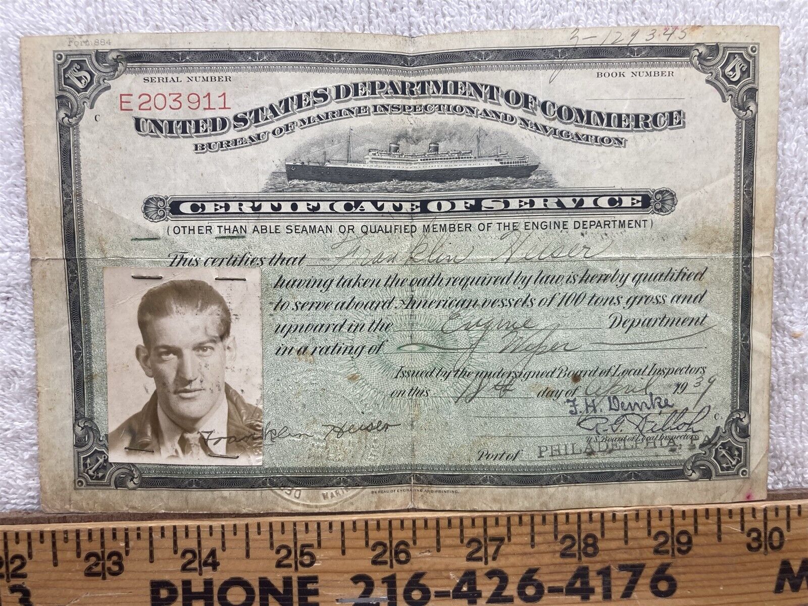 1939 US Department Commerce Marine Inspection Credential Philadelphia Port ID 