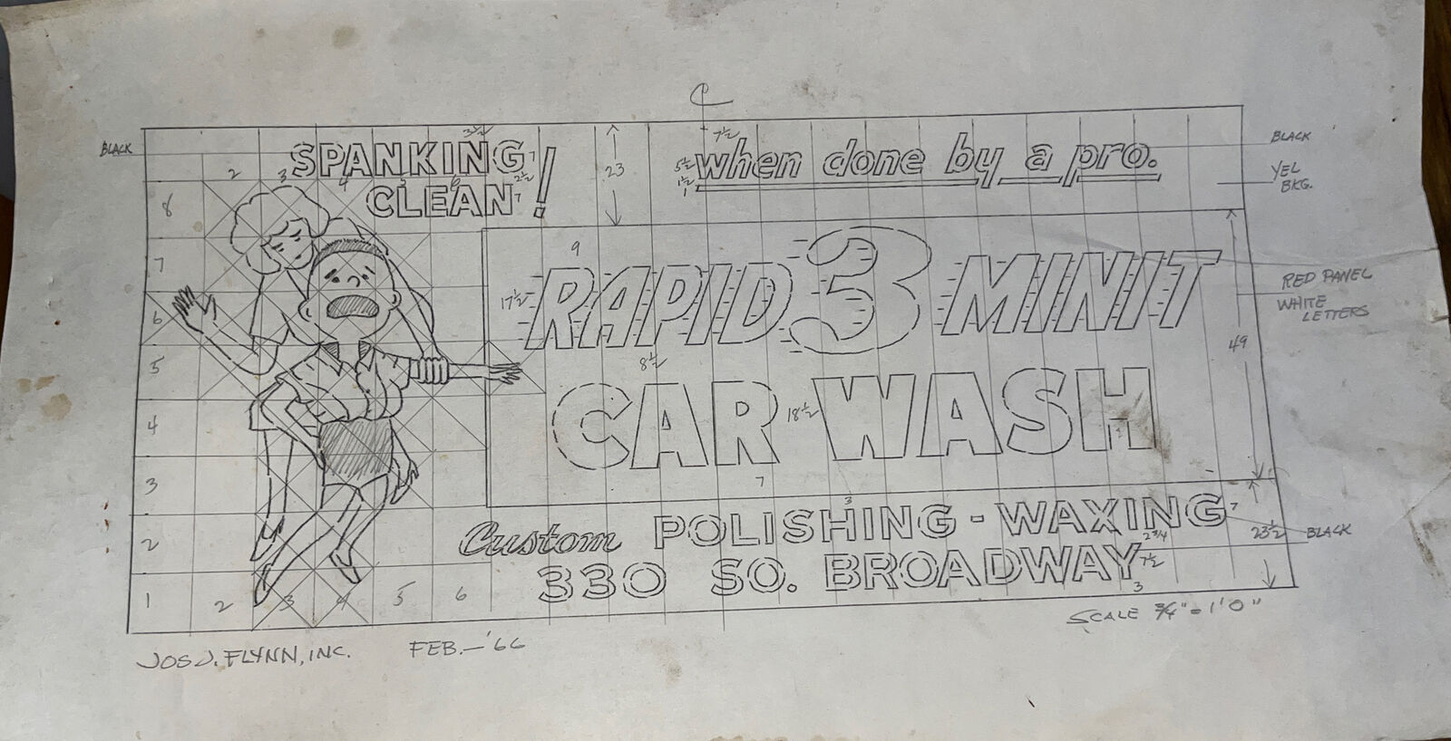 Vintage 1966 Naughty Spanking Billboard Outdoor Sign Ad Sketch for Car Wash