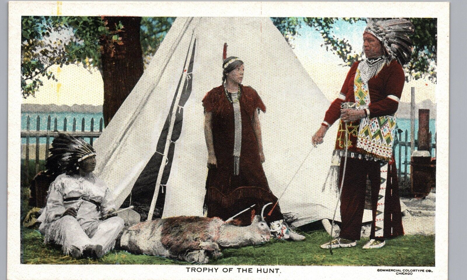 NATIVE AMERICAN INDIANS DEAD DEER HUNT TROPHY c1920s antique postcard teepee