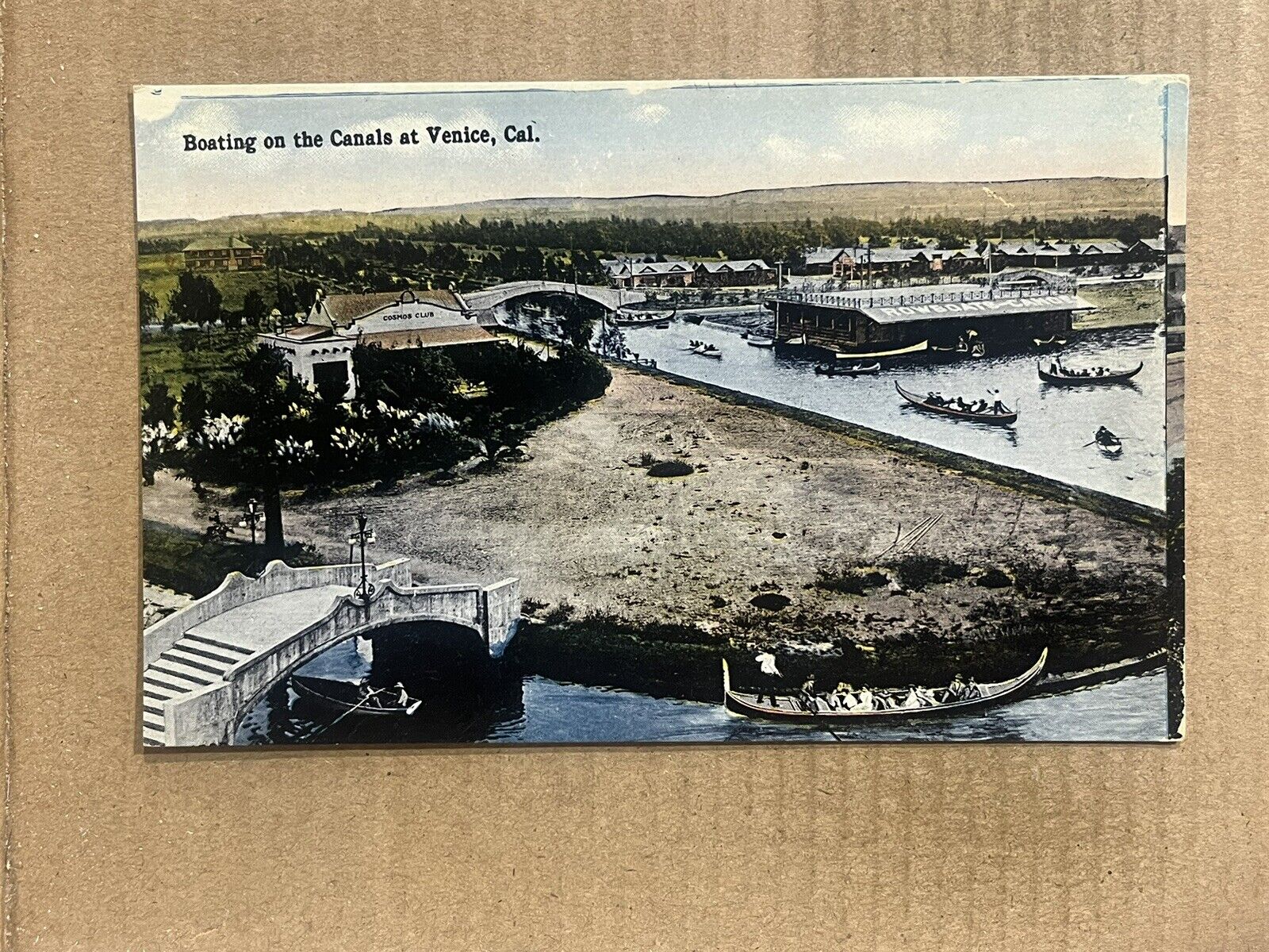 Postcard Venice CA California Gondola Boats Canal Bridge Cosmos Club Vintage PC