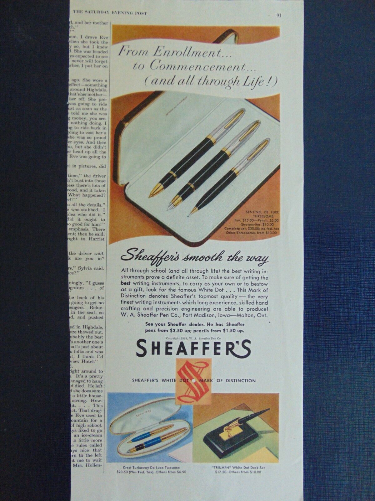 1948 SHEAFFER'S INK PENS vintage art print ad