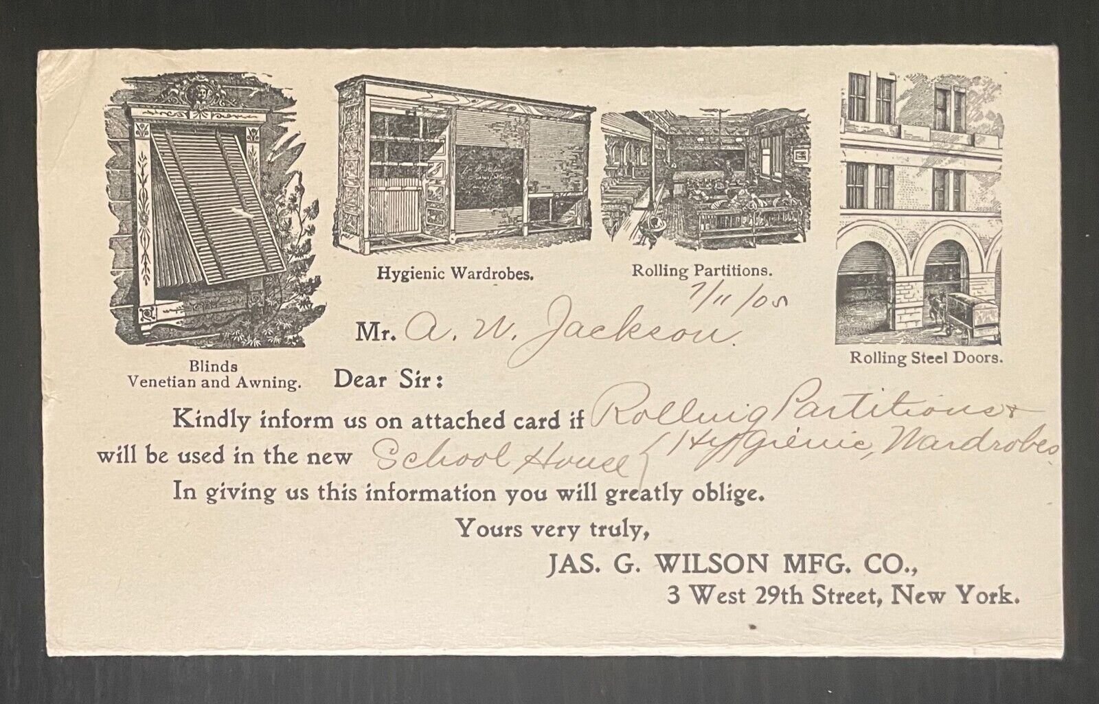 JAS. G. WILSON MFG. CO. NEW YORK CITY - 1905 PAID REPLY POSTCARD