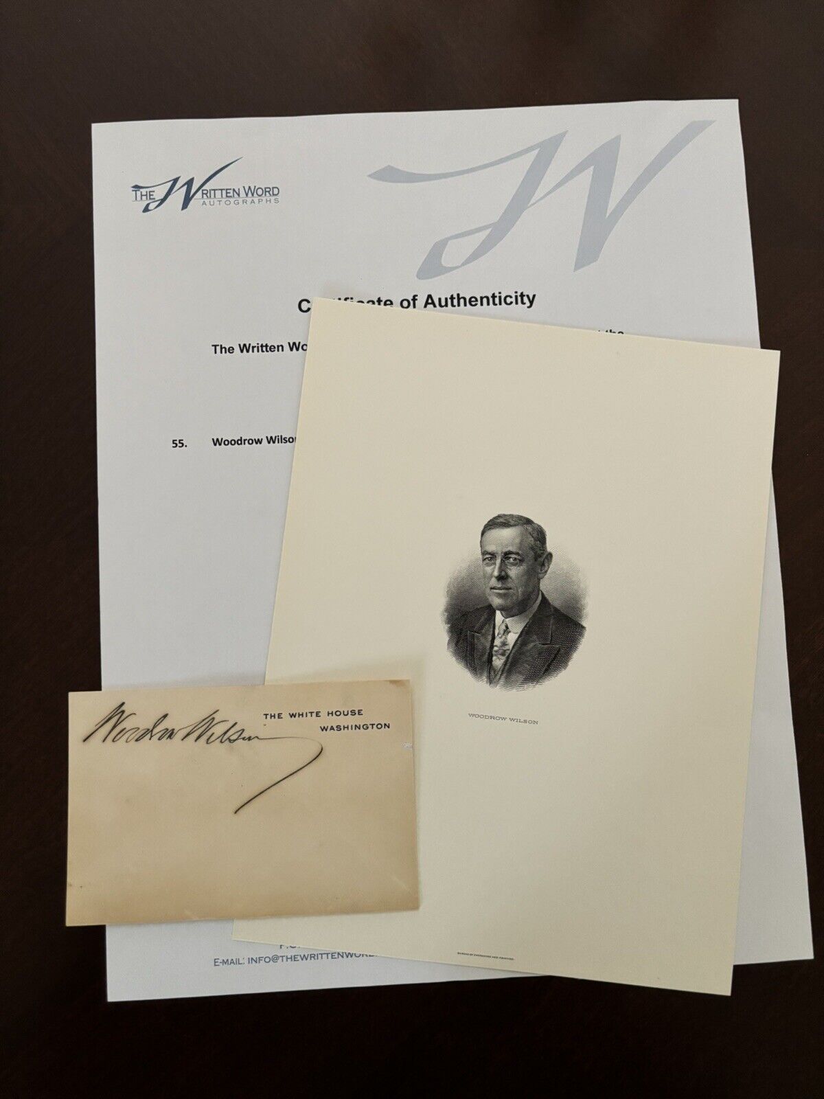 President Woodrow Wilson SIGNED White House Card AND Bureau of Engraving COA