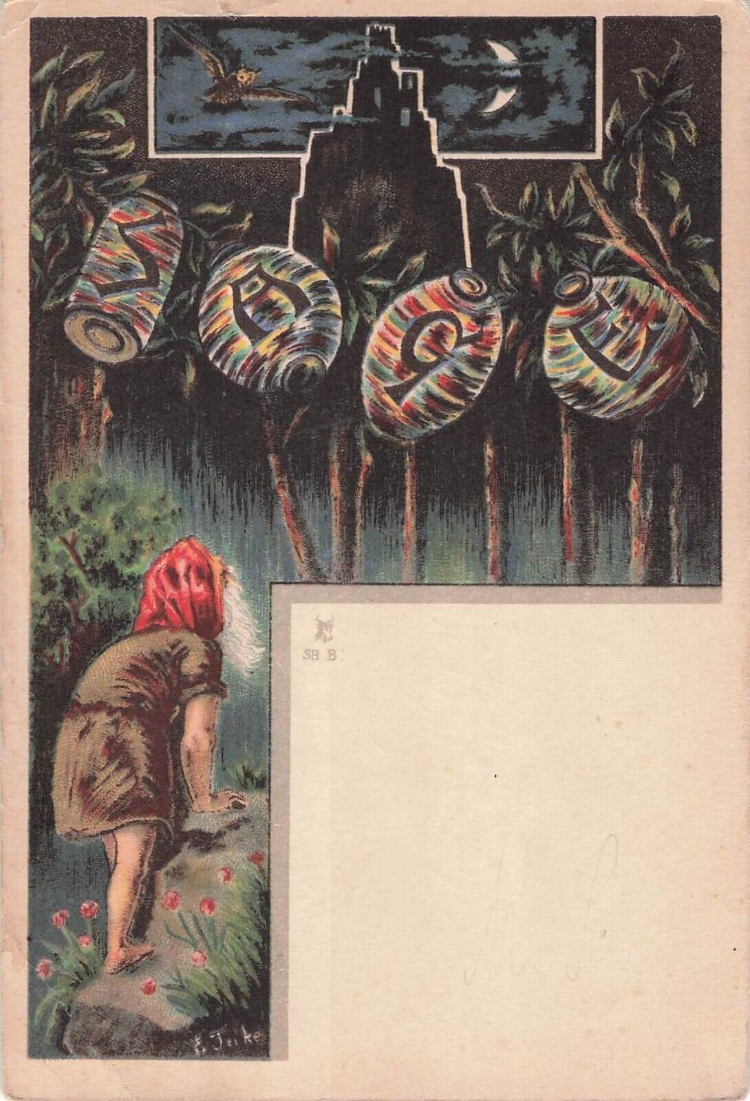 Vintage Postcard Artist Signed E. Jeikes Gnome 4 Lanterns in Moonlit Woods F497