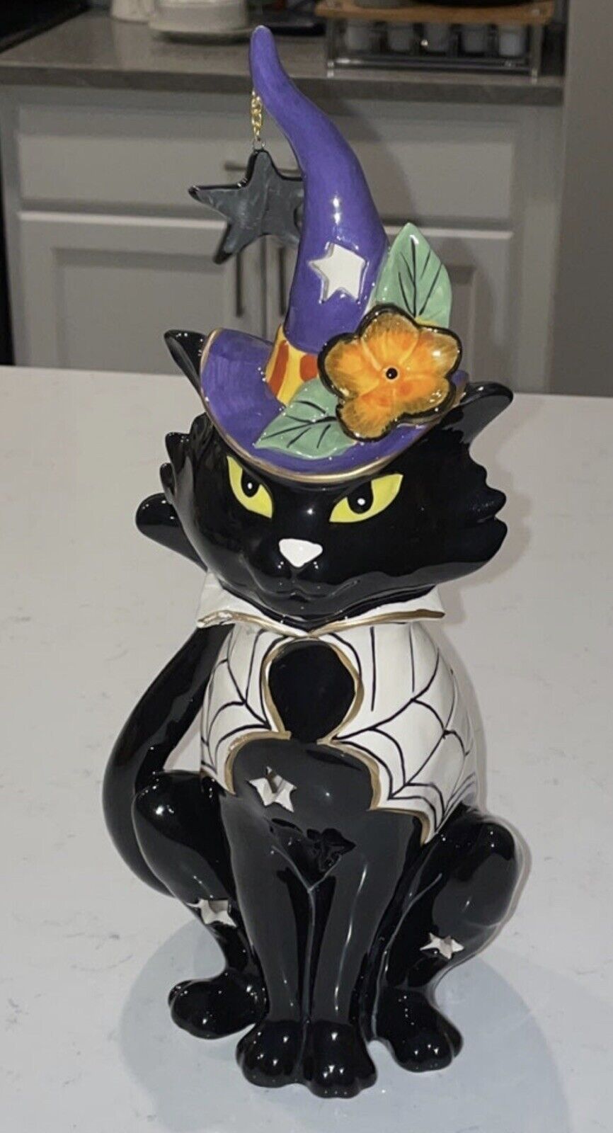 Blue Sky Black Cat Witch Magical Warlock Ceramic Tealight Candle House 11.5” NWT
