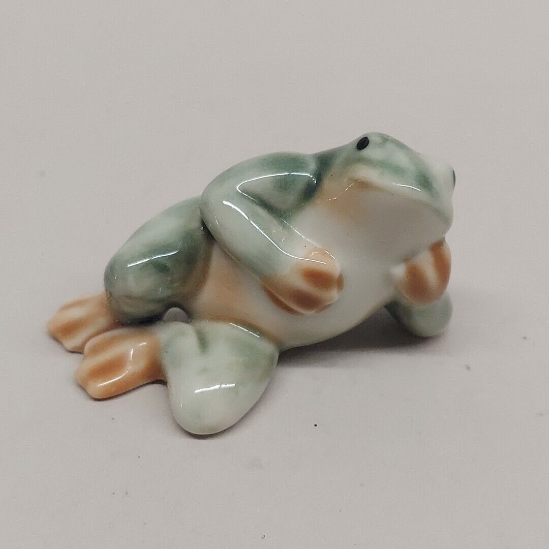 Vintage Porcelain Reclining Glazed Frog Toad Miniature Porcelain Figurine
