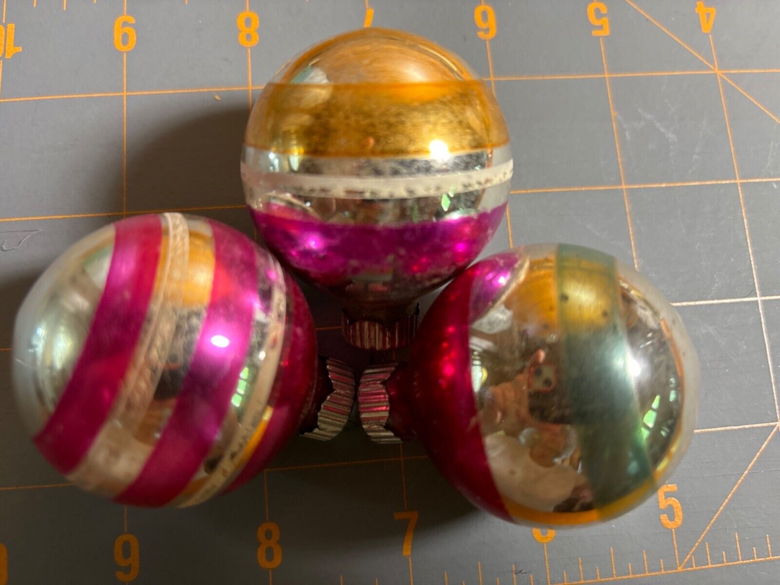 lot of 3 vintage 50's Shiny Brite Christmas Ornaments striped balls