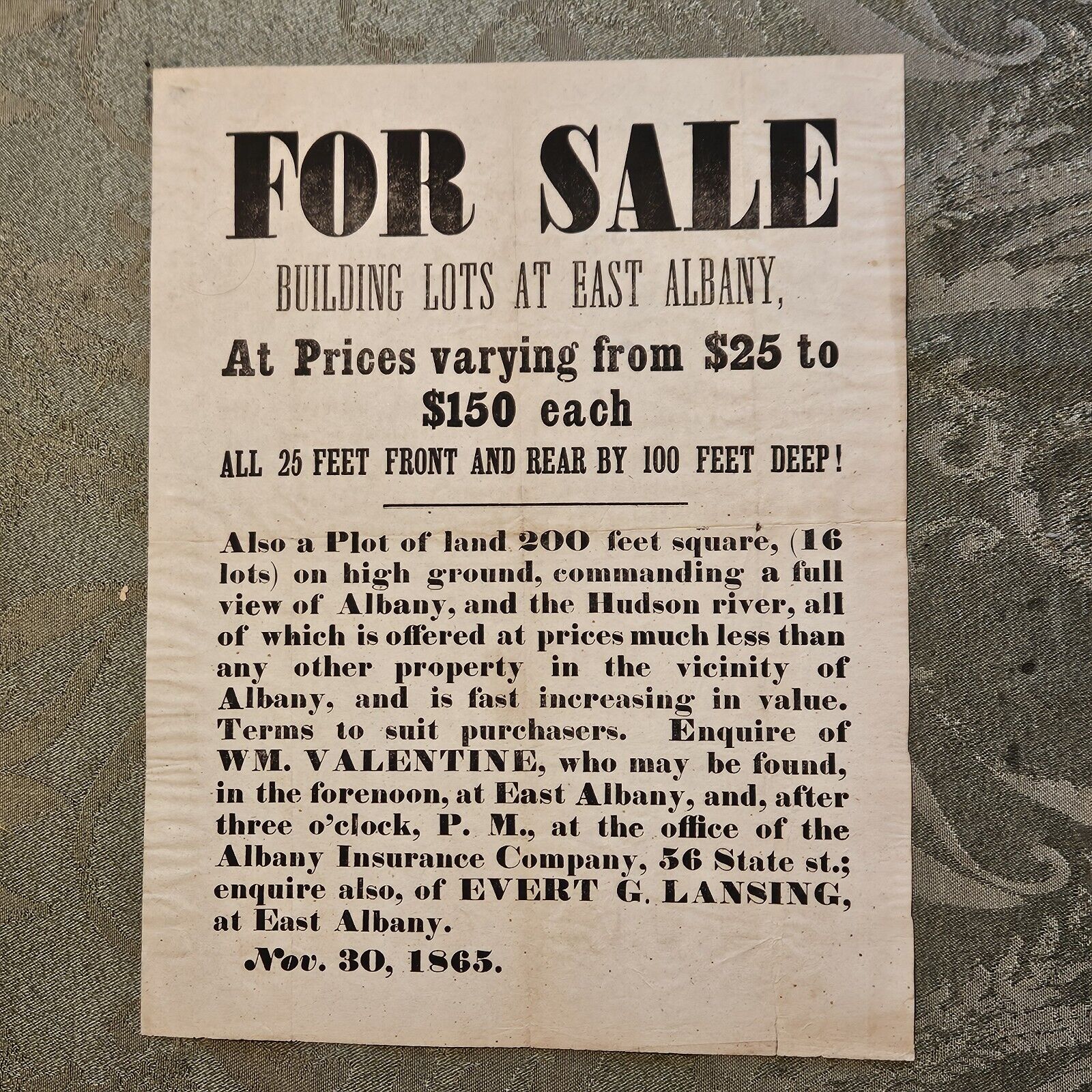 1865 Albany New York Land Sale Broadside Views Of Hudson River