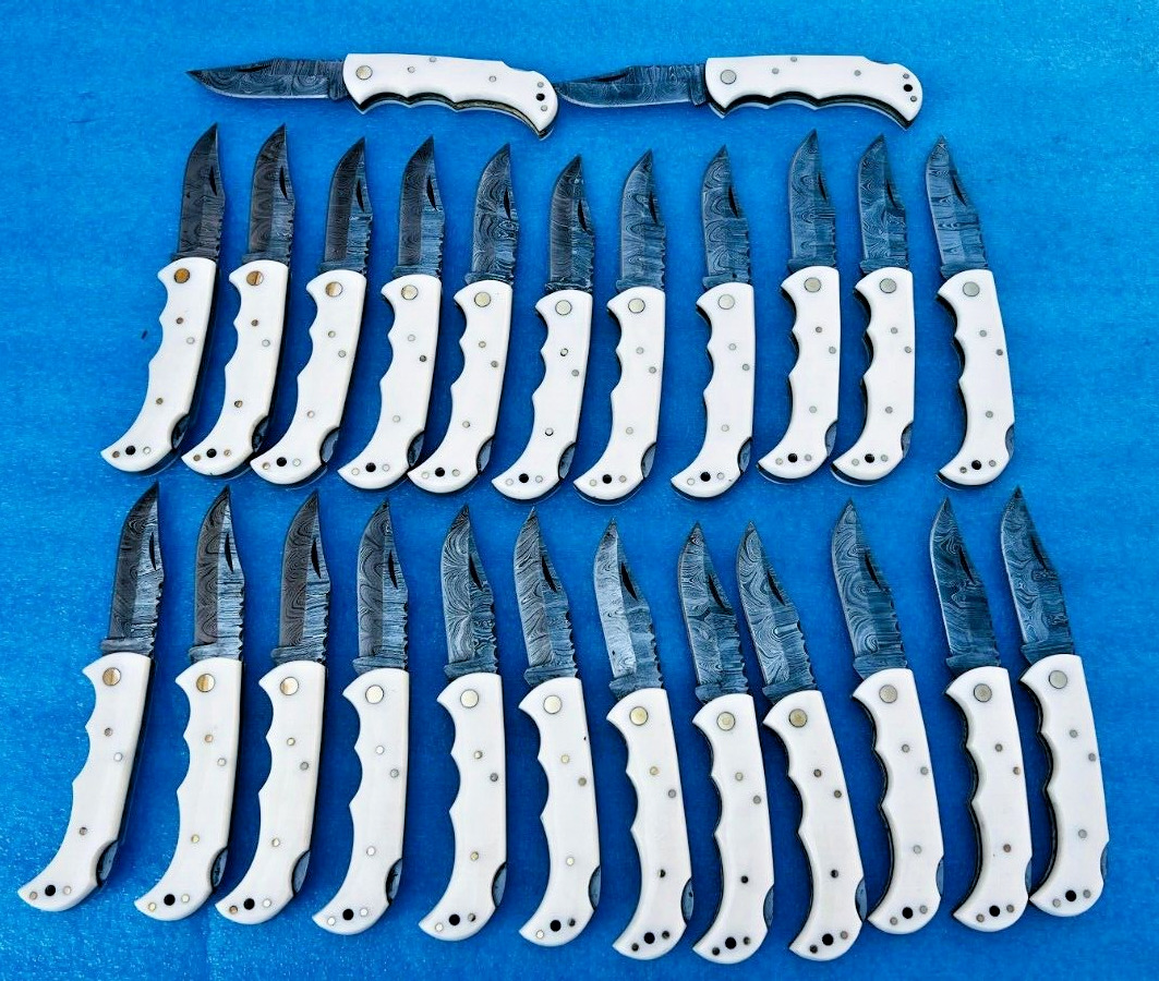 LOT of 25 PCS Damascus handmade Back Lock Folding pocket Hunting knife  Pouch