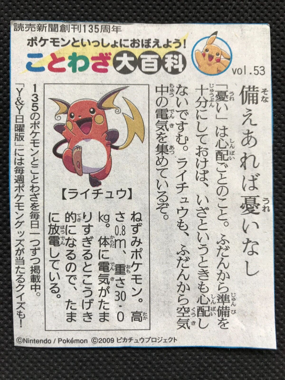 Raichu Pokemon Proverb Encyclopedia Yomiuri Newspaper clipping Japanese