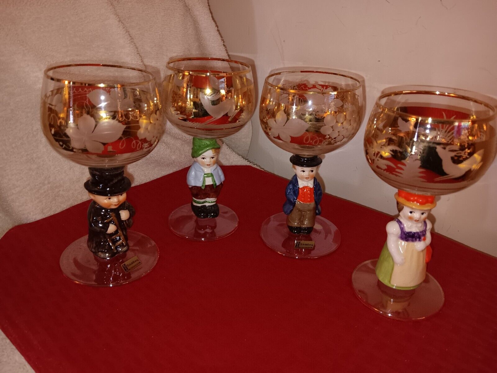 Goebel Hummel Figurine Stem Wine Glasses, 14K Gold Trim, Germany - Set of 4