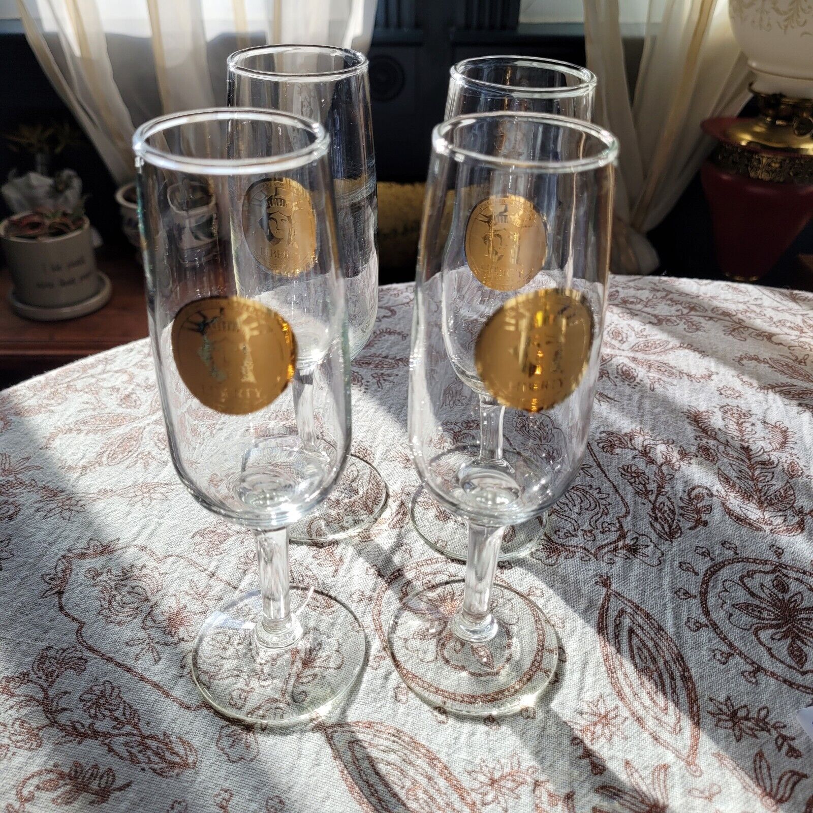 Gold Statue of Liberty Seal Centennial Champagne Clear  Glasses Set of 4