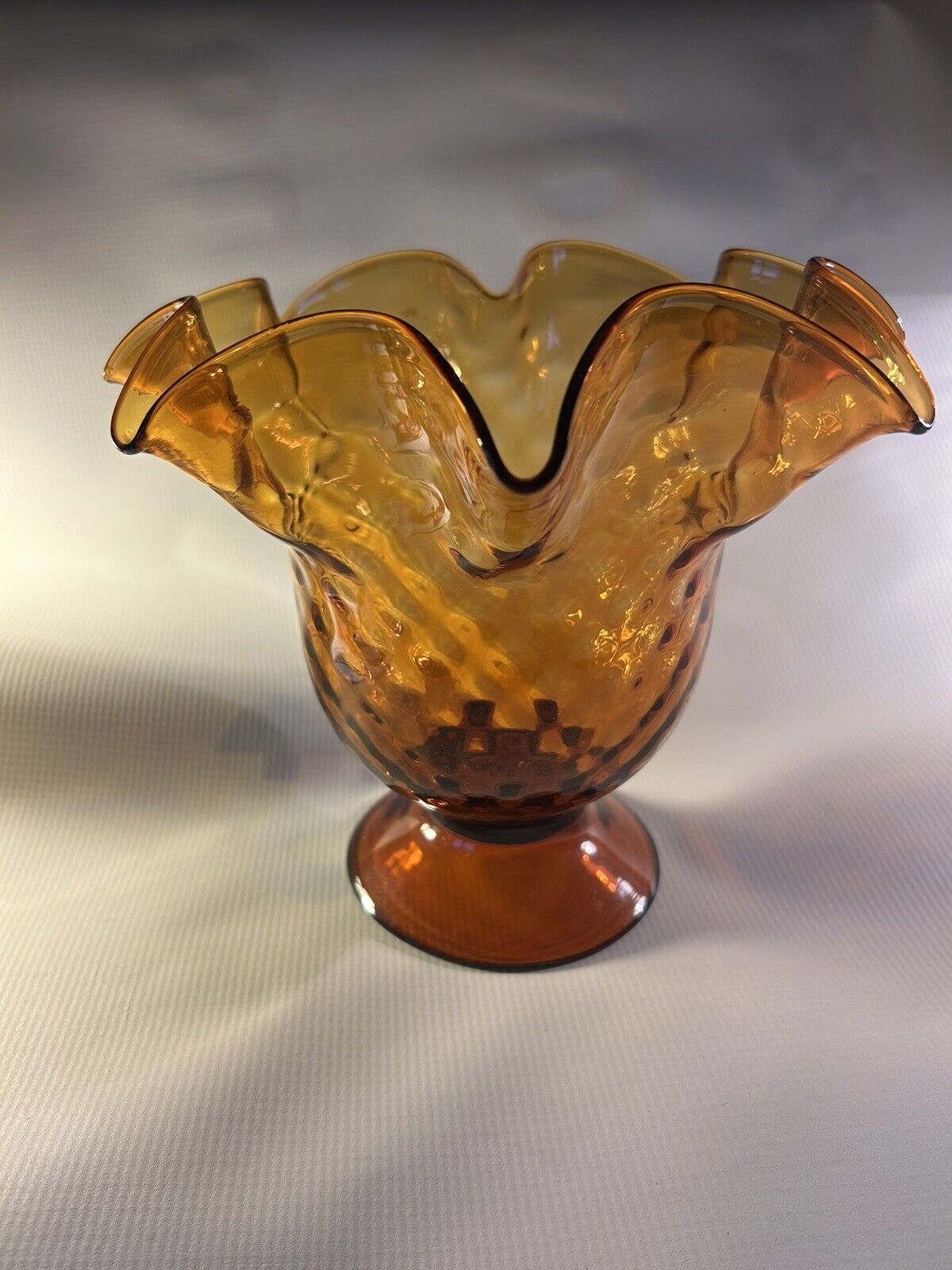 Vintage Amber Hand Blown Fluted 9” Vase 