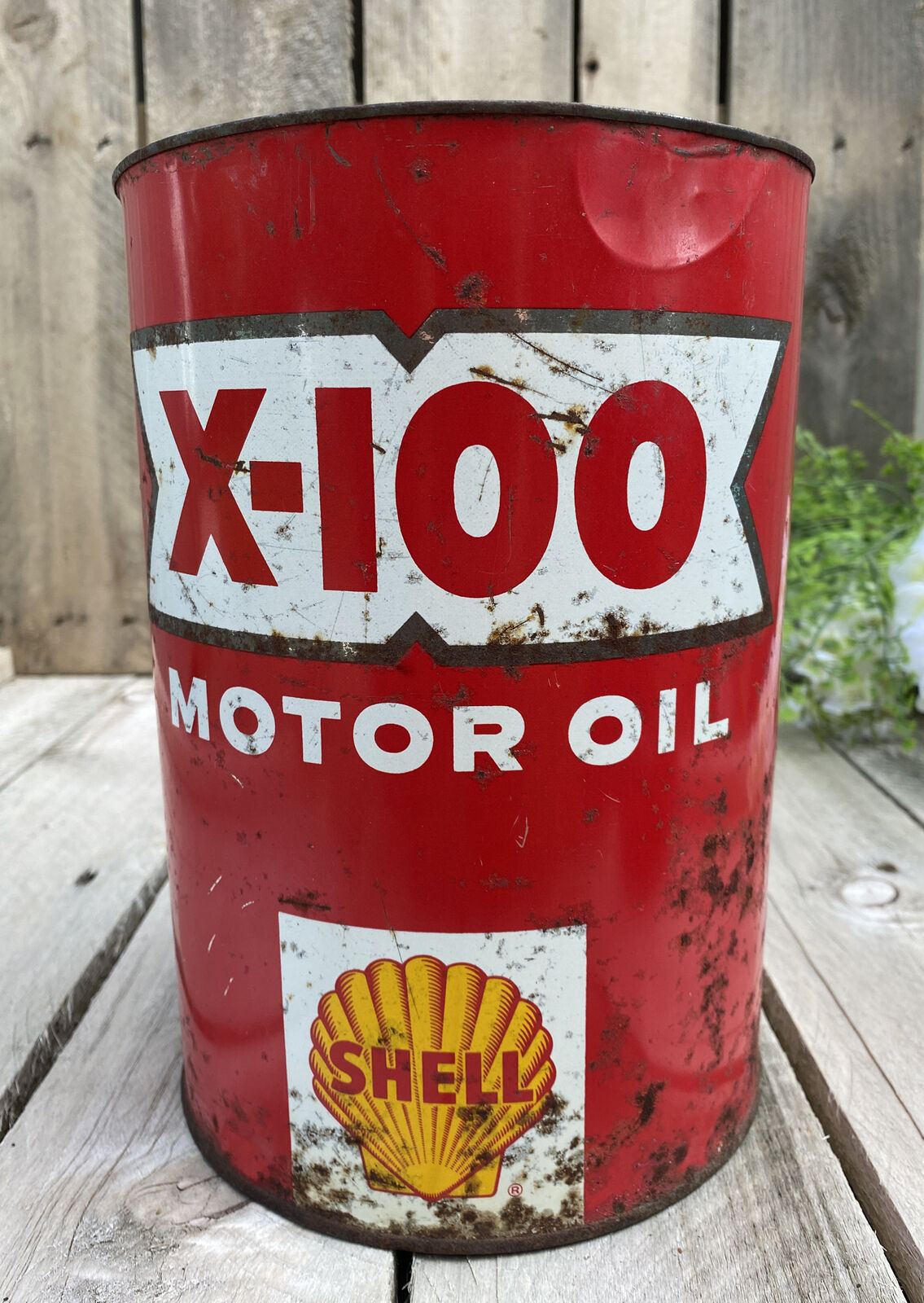 Vintage 5 Qt Shell Premium X-100 Motor Oil Tin Can Gas Station Advertising