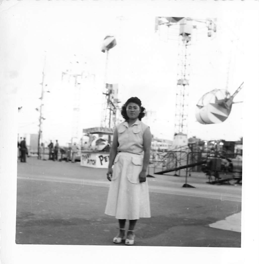 1940s B&W Snapshot Photo Asian American Teen at Carnival Circus California