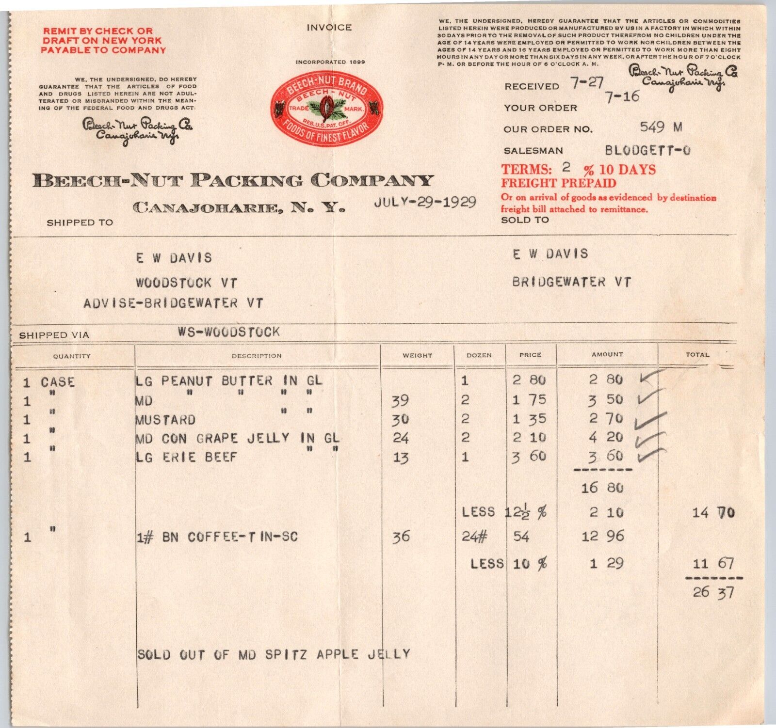 Vintage Letterhead 1929 New York Canajoharie Beech Nut Packing Company