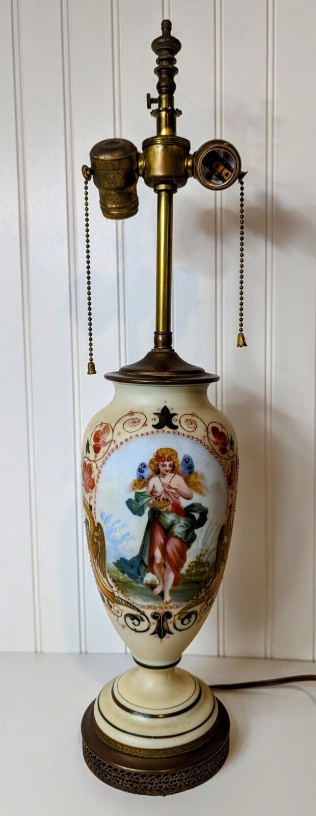  Sevres Style French Painted Porcelain /Lamp  Enamel Brass Base C. 1890s w/Shade