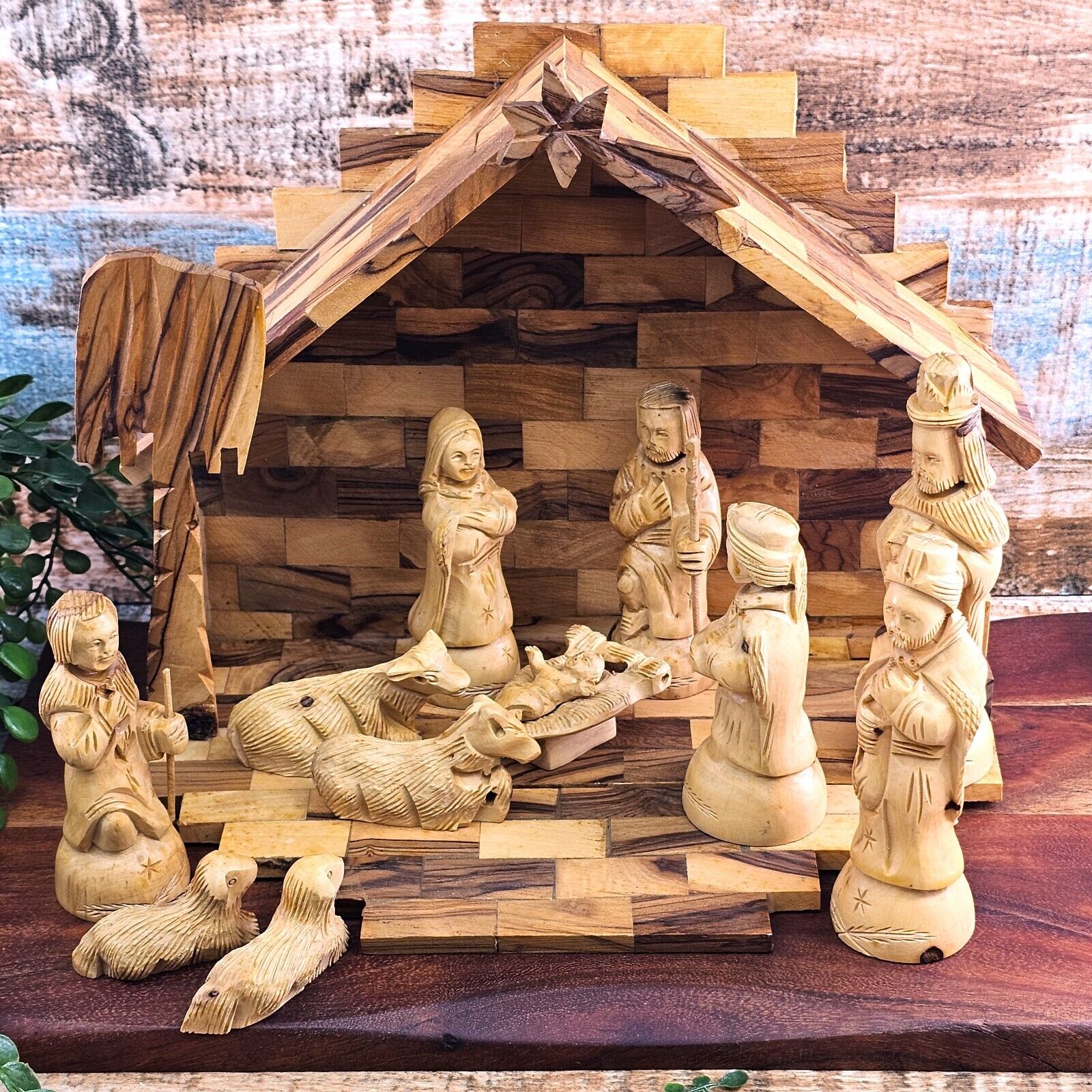 VTG Nativity Set Artisan Carved Olive Wood Bethlehem Creche Holy Family 13 READ