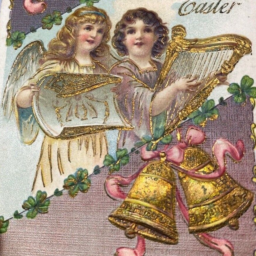 Vintage 1900s Happy Easter Angels Playing Harp Bells Golden Paint Postcard