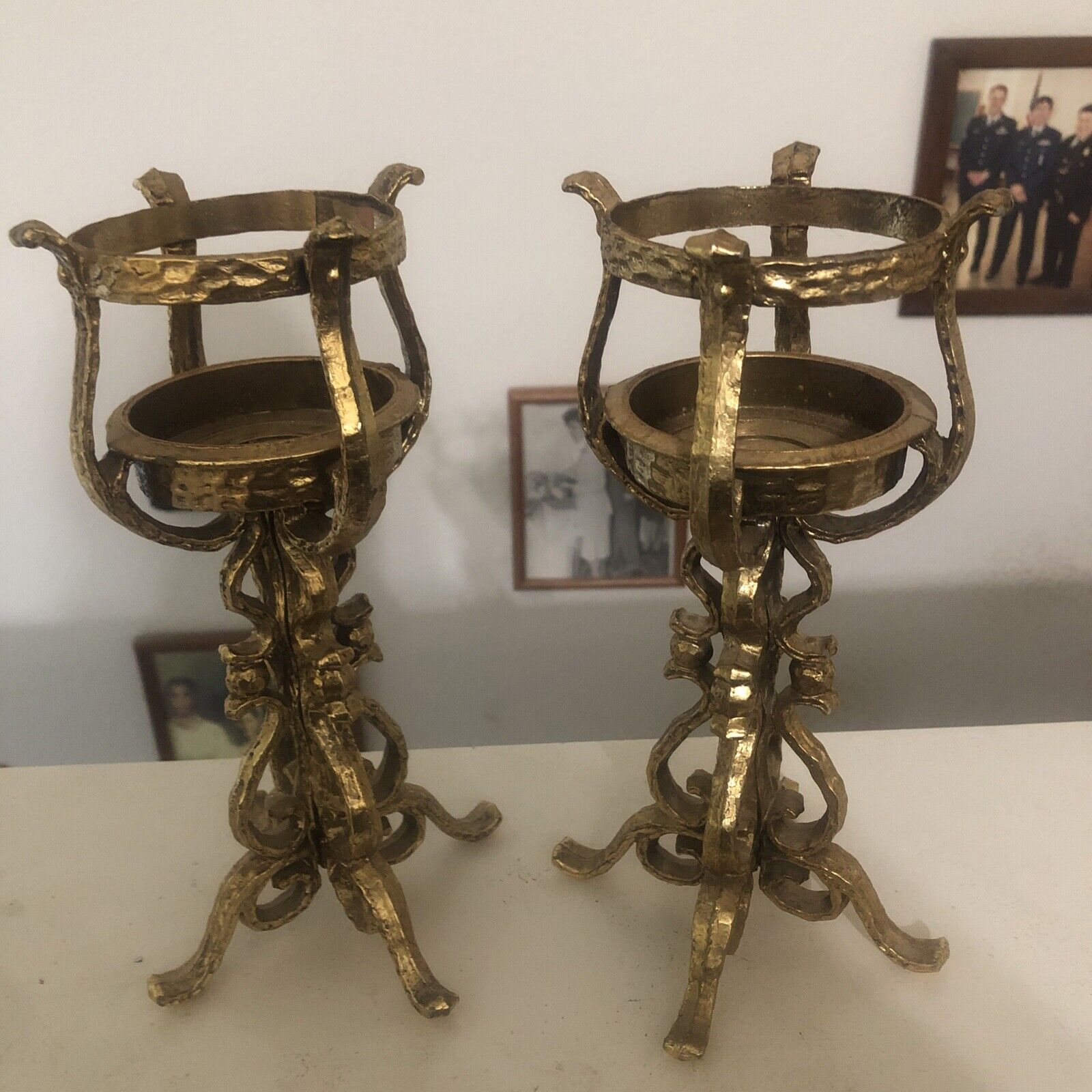 Vintage Gold Cast Iron Victorian Style Set Of Candleholders Excellent Condition