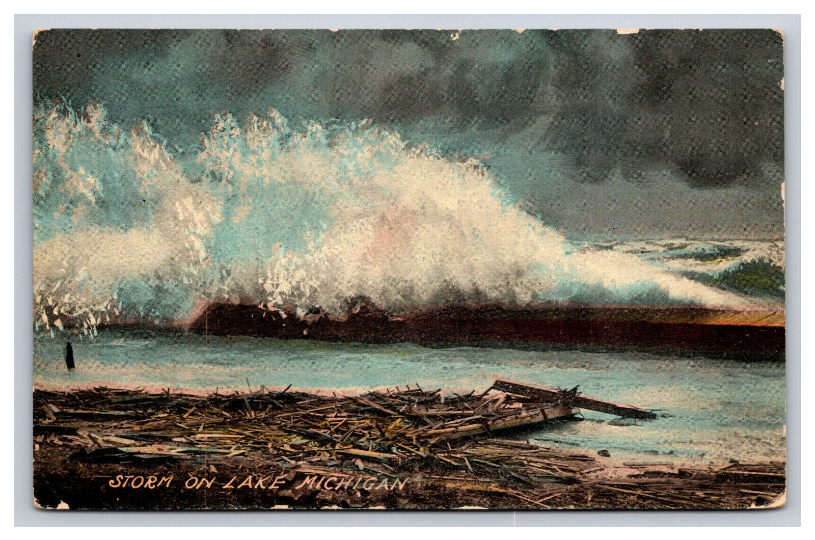 Crashing Waves, Storm On Lake Michigan MI Postcard
