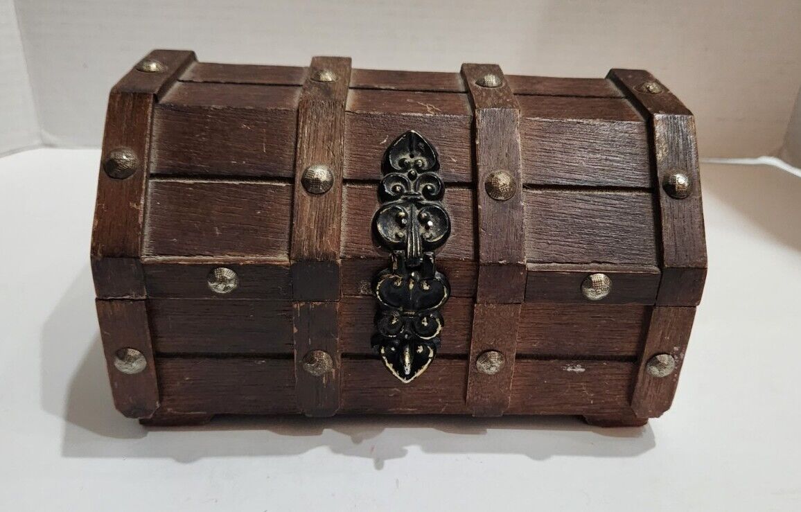 Wood Treasure Chest Style Box Vintage Jewelry Red Lined Gothic Medieval