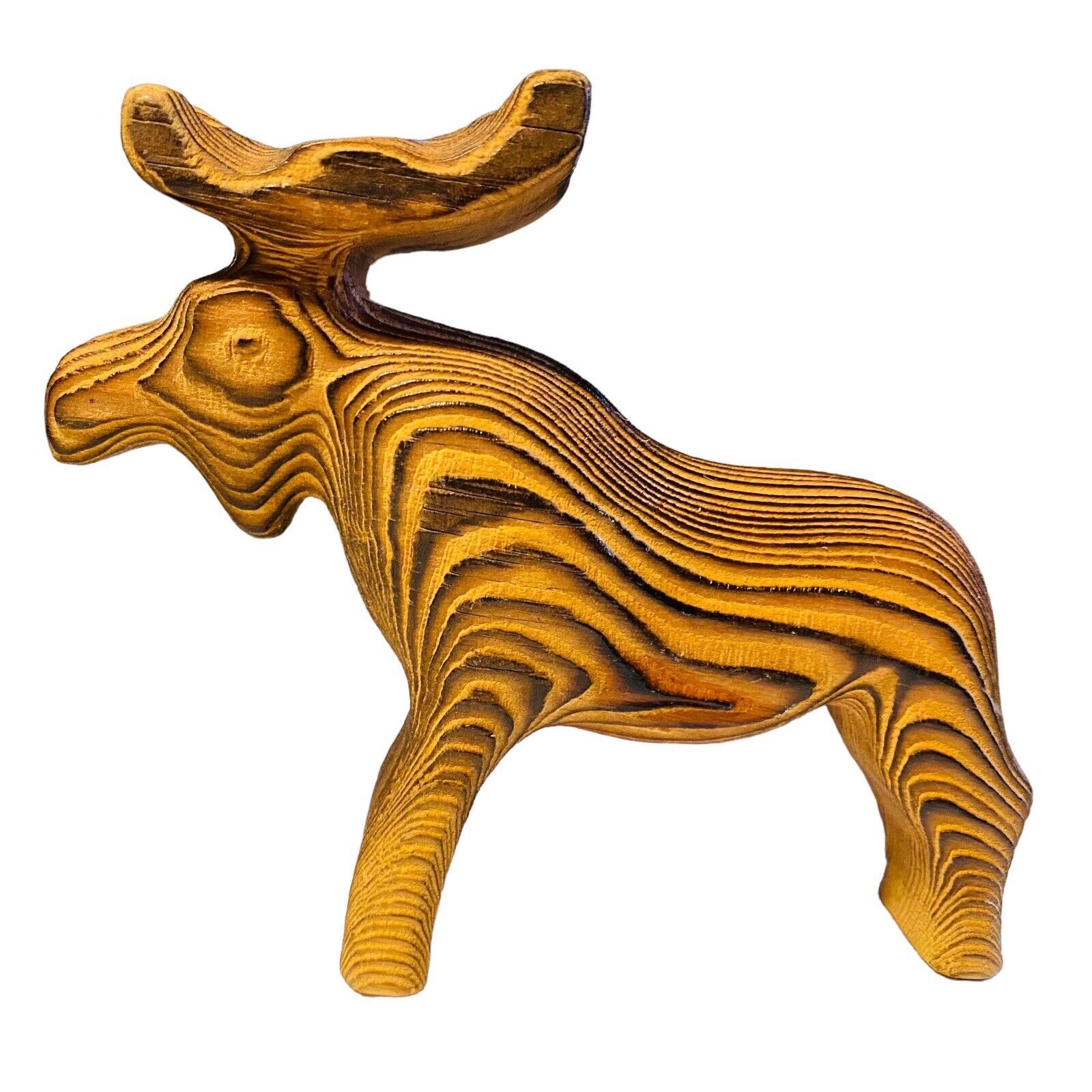 Wooden Hand Carved Flame Burned Moose Statue Figure Caribou Wood Canada