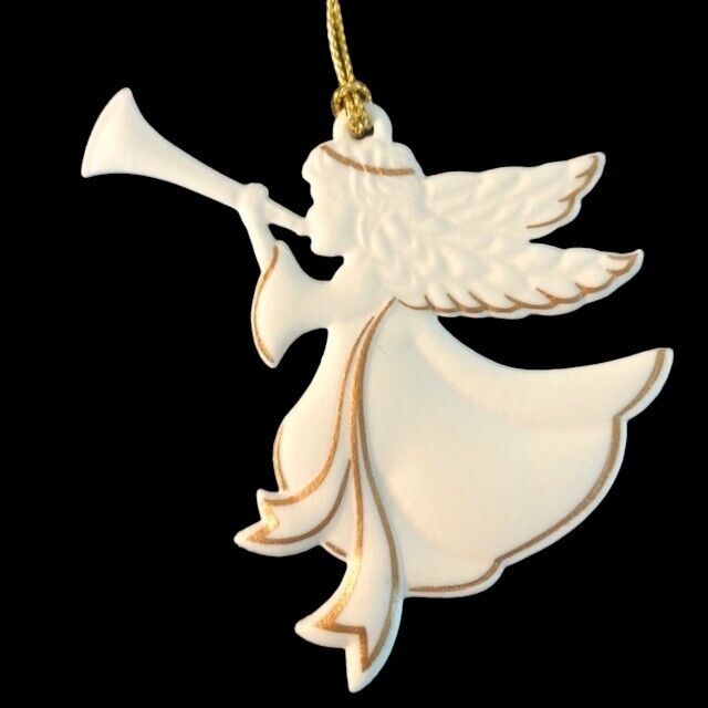 Wedgwood White Jasper Cherub Girl Angel Ornament with Horn Gold Details In Box