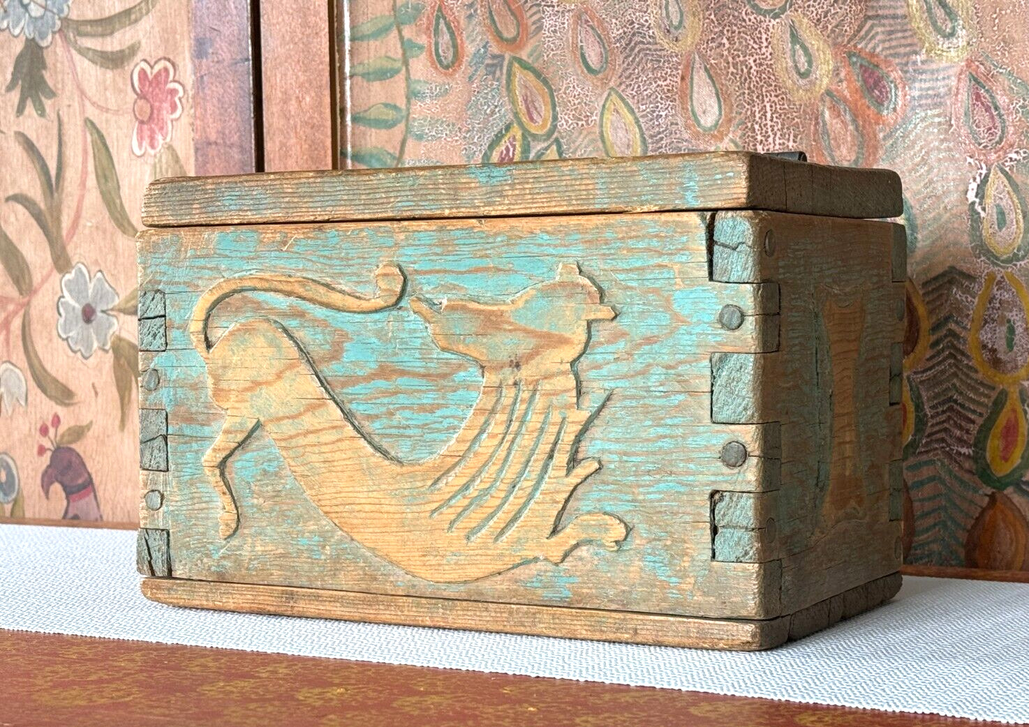 Antique Spanish Colonial Teal Painted Figural Lion Wooden Document Box