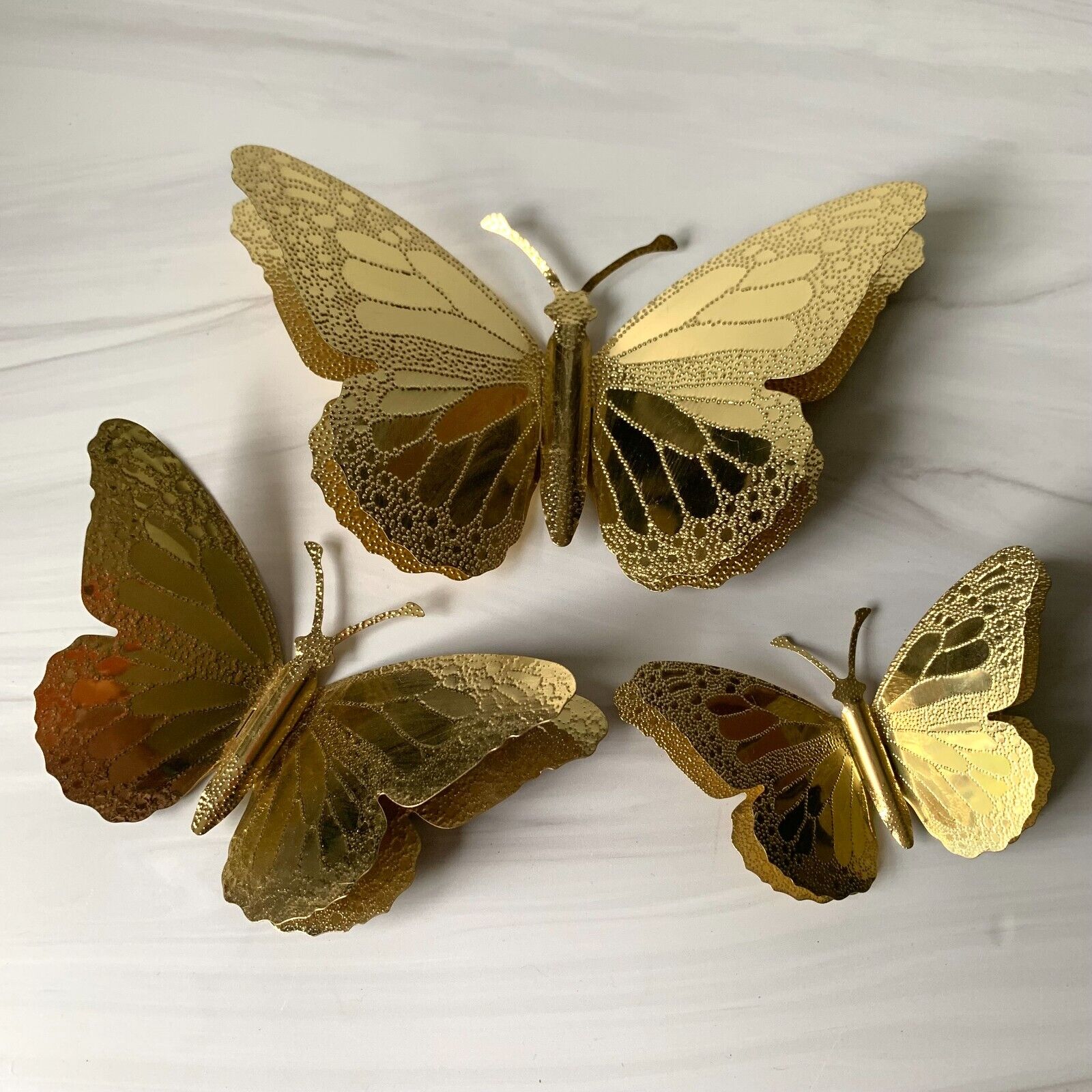 Vintage Gold Toned Butterflies Wall Mount Art Double Winged Monarch Set of 3