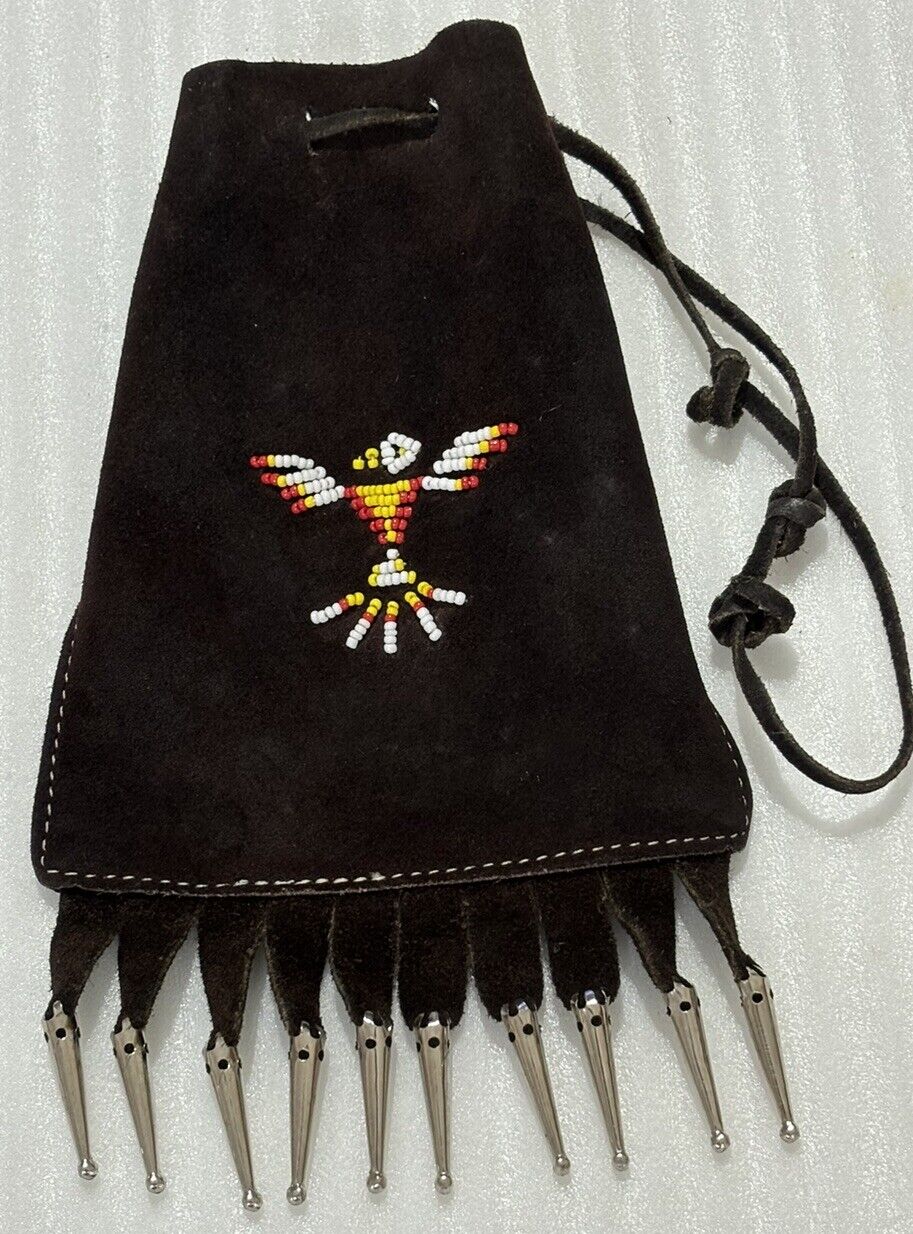 Vintage Native American Medicine Bag Satchel Suede Leather Beaded Wristlet Brown