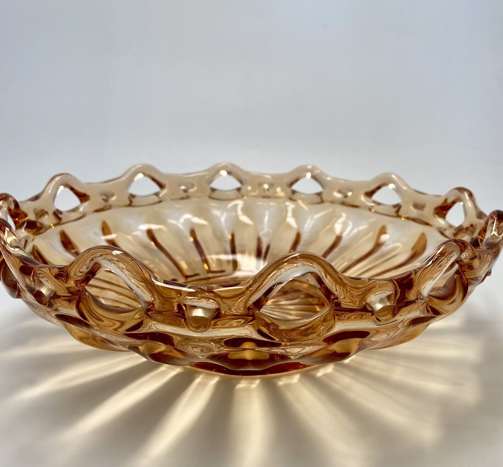 FOSTORIA Amber Depression Glass Bowl Colonial Prism Ribbed Lace Edge Large Rare