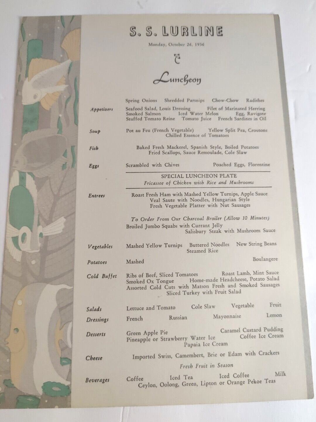 S.S. Lurline Vintage Lunch menus 1936