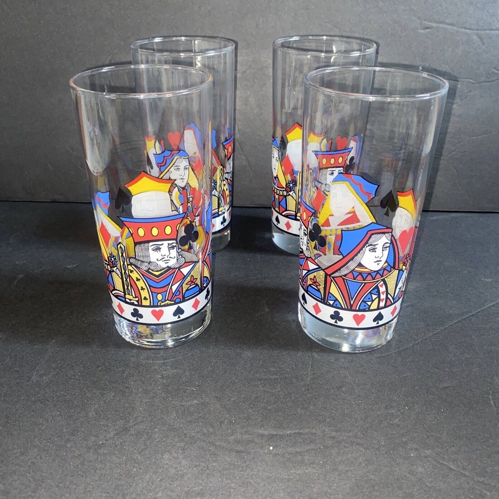 Vintage Libbey King Queen Playing Cards Poker Night Glasses Tumblers - Set of 4