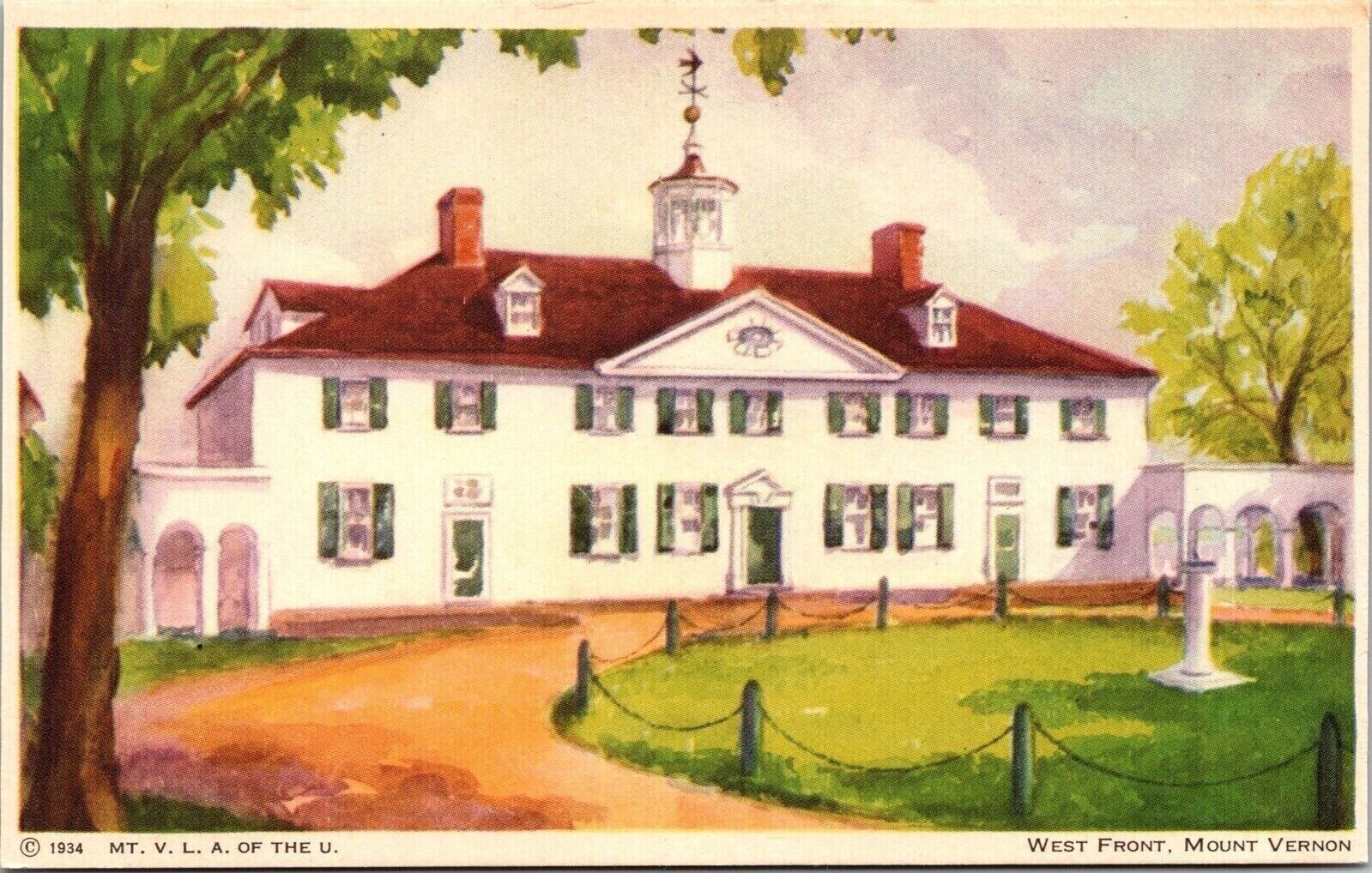 W Front Mount Vernon VA Virginia WB c1934 Postcard UNP VTG Water Color Unused