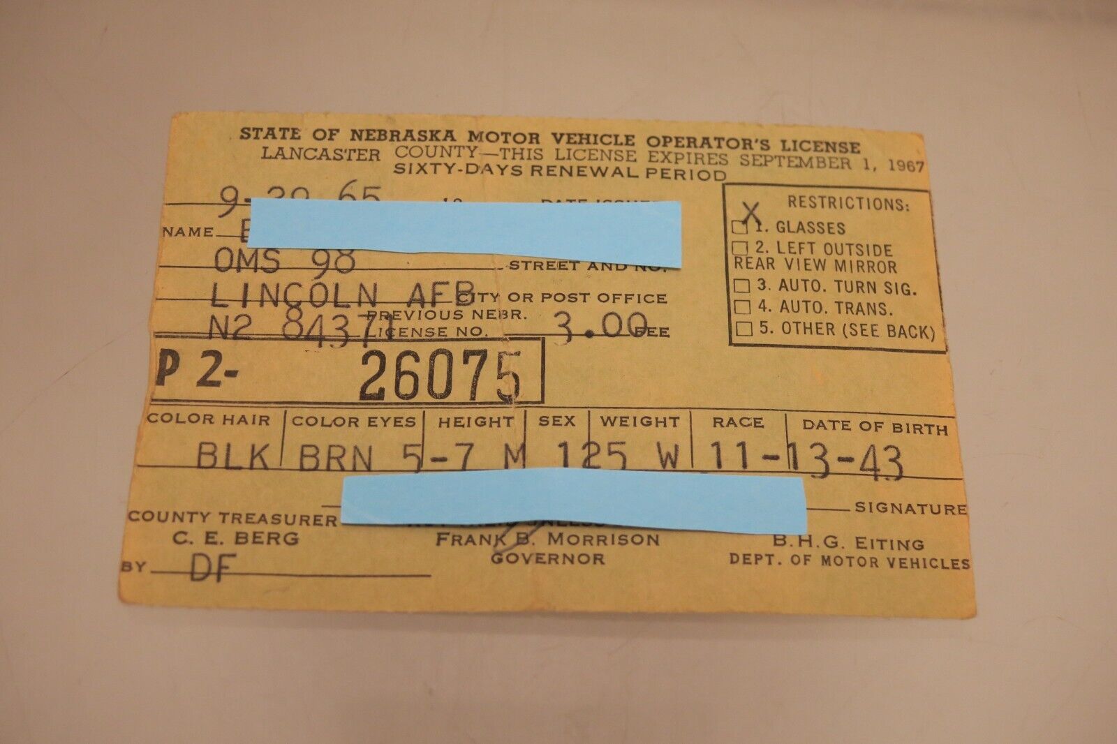 Vintage Nebraska Driver\'s License Obsolete DMV Card 1965