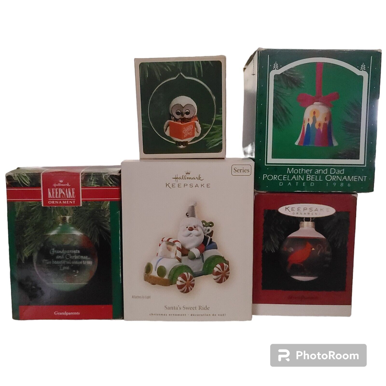 Hallmark Keepsake Christmas Ornaments Lot Of 5 Santa Owl Bell Cardinal Grandma 