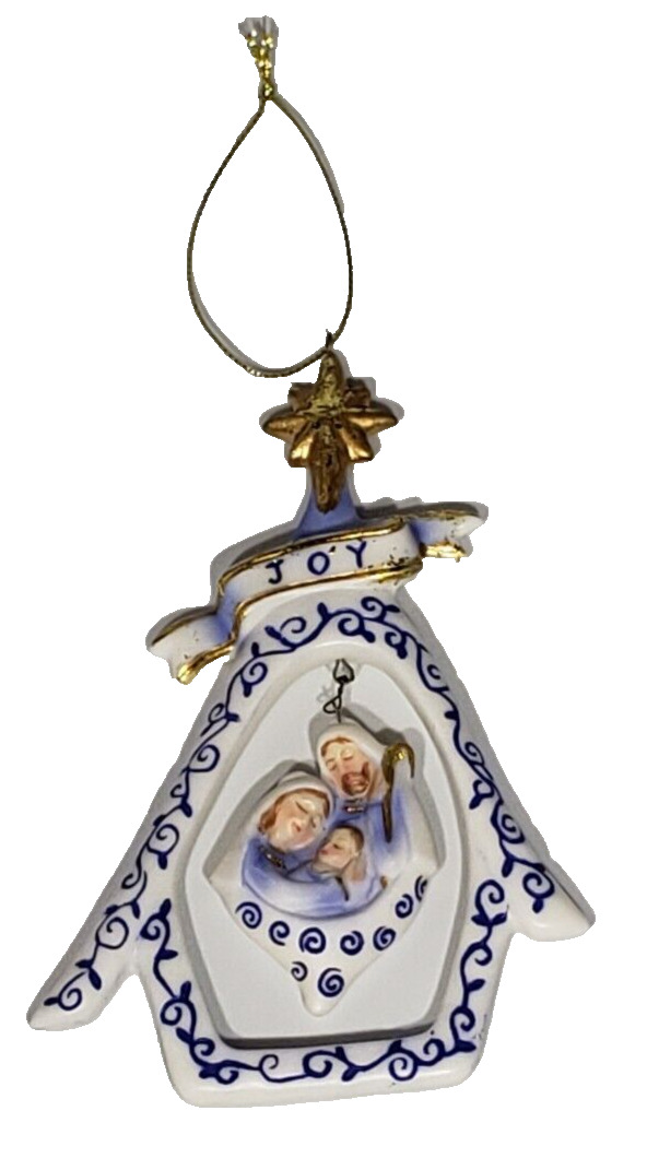 Beautiful Nativity Christmas Tree Ornament Joy Ceramic Cobalt Blue Gold Hanging