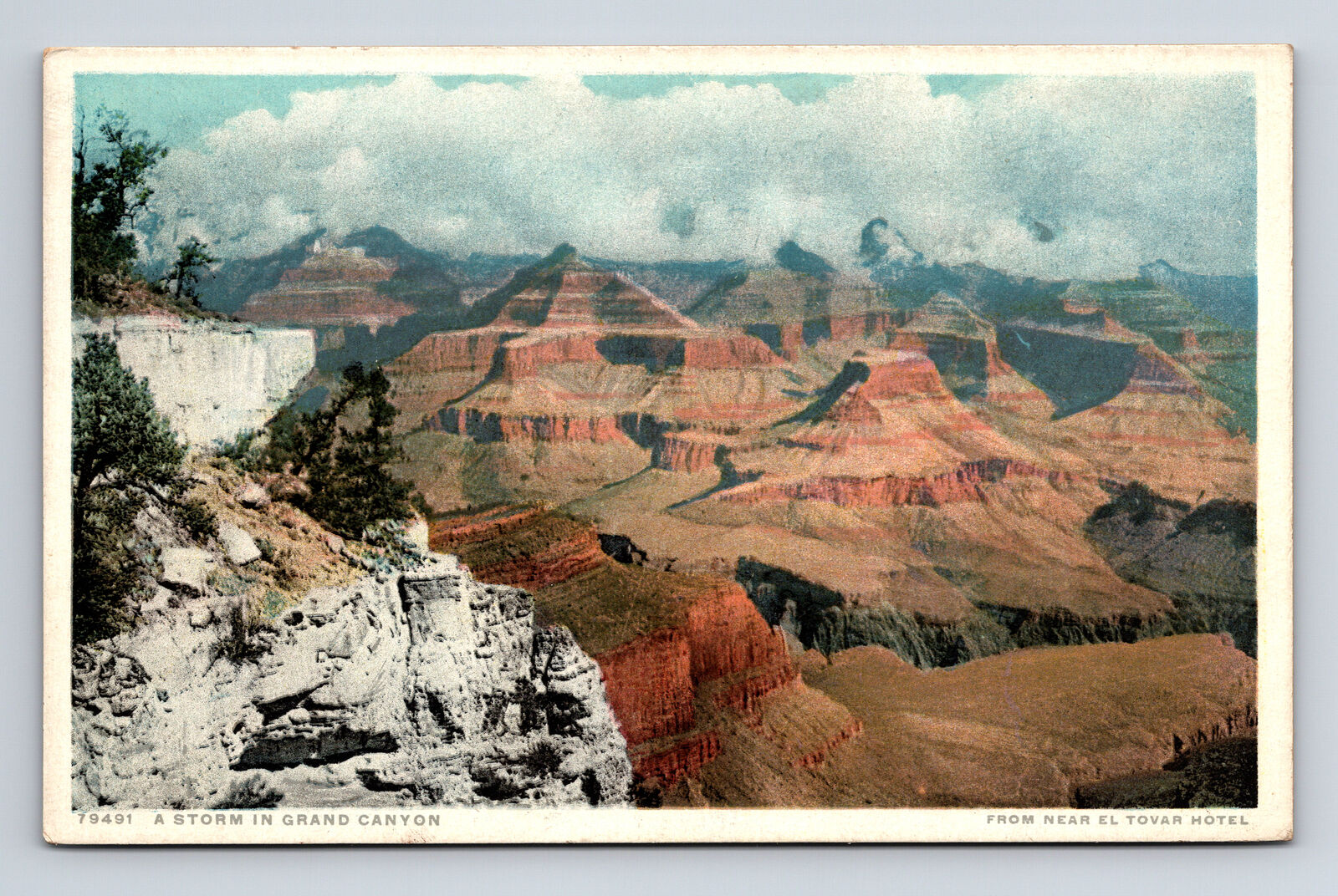 FRED HARVEY PHOSTINT A Storm in Grand Canyon Arizona AZ Postcard
