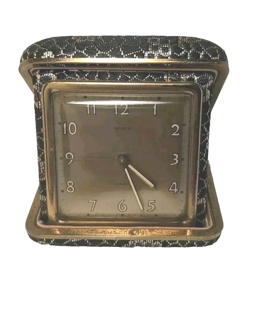 Vintage Semca Travel Alarm Clock Swiss Made 1 Jewel Genuine Leather Case Roses