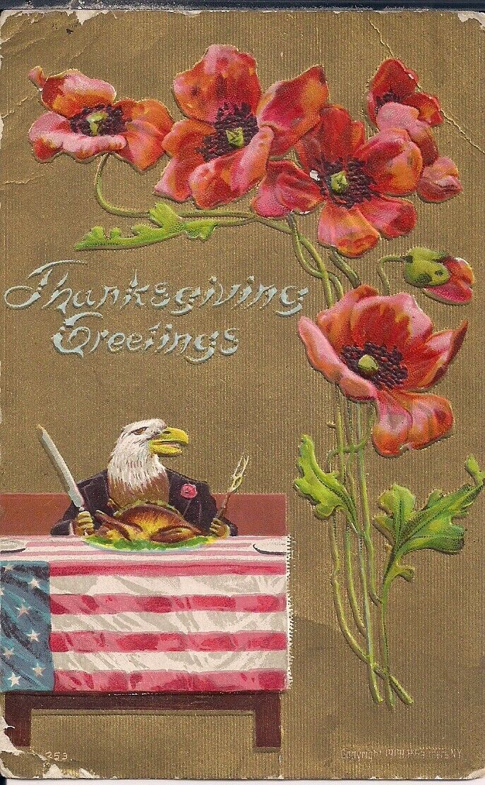 Thanksgiving PC 1909 American Eagle w Turkey Dinner, Embossed, Patriotic, Humor
